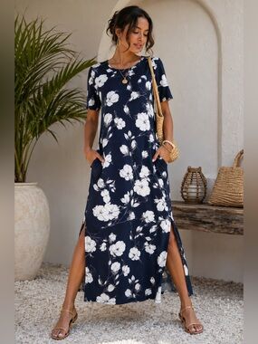 NWT Zeagoo Navy White Floral Maxi Dress Pockets Side Slit Stretch Large